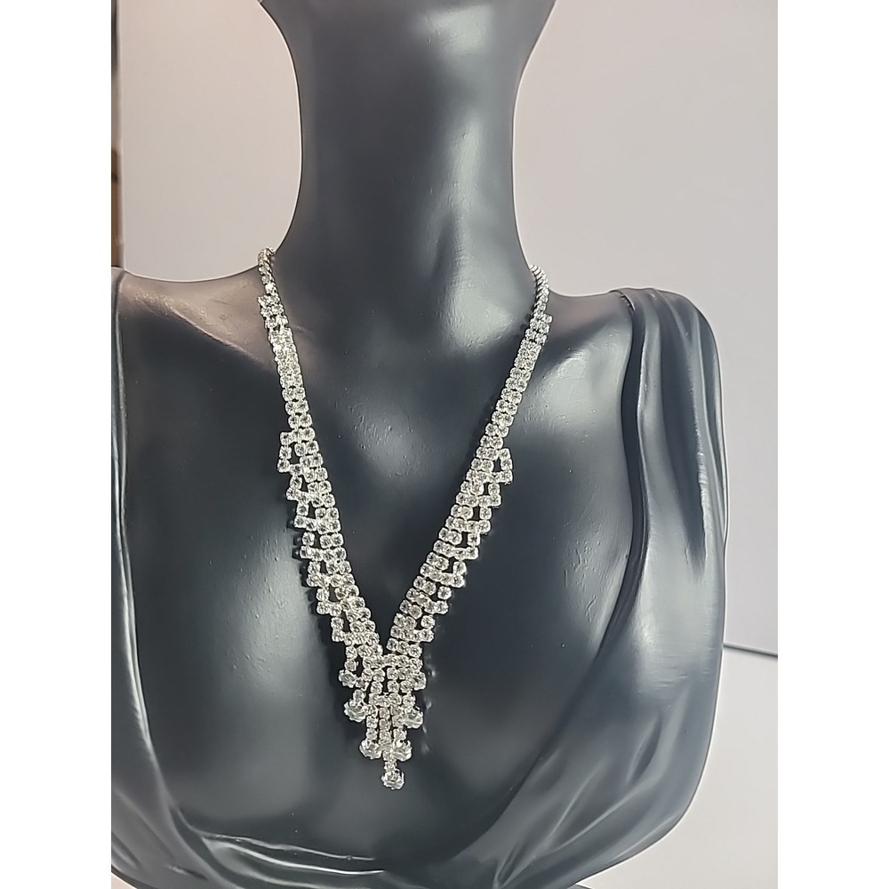 Vintage Crystal Bib Necklace Old Hollywood Glam Silver Tone